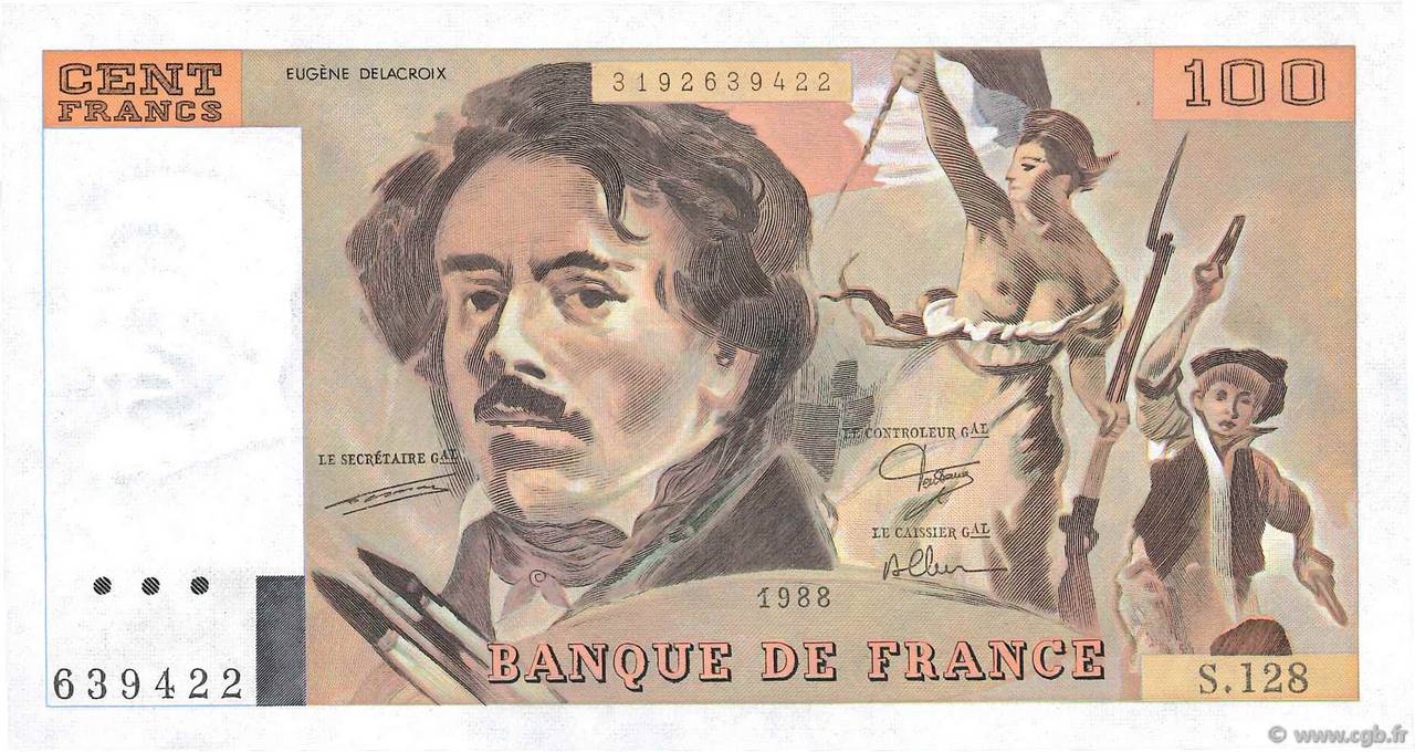 100 Francs DELACROIX modifié FRANKREICH  1988 F.69.12 fST+