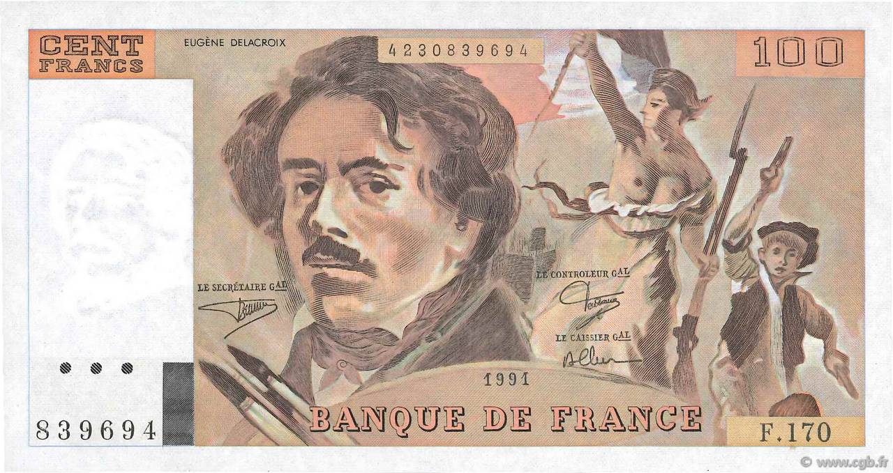 100 Francs DELACROIX imprimé en continu FRANCE  1991 F.69bis.03a1 UNC-