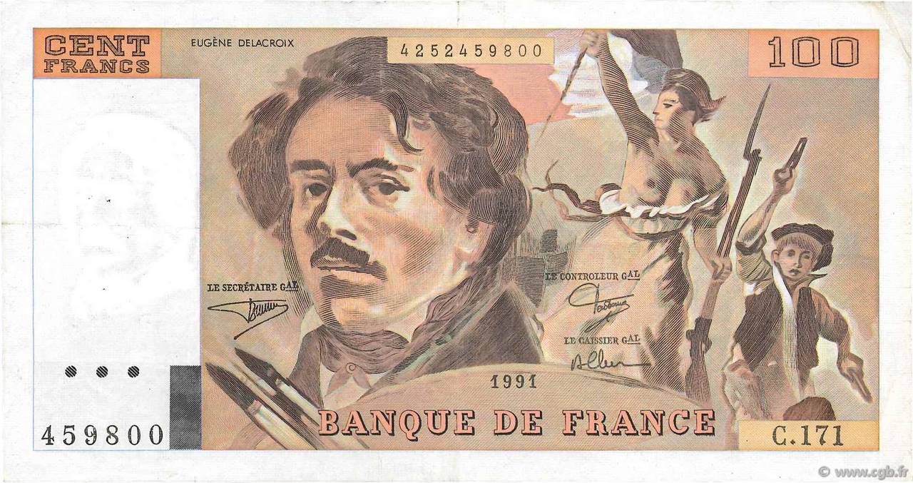 100 Francs DELACROIX imprimé en continu FRANCE  1991 F.69bis.03a3 VF-