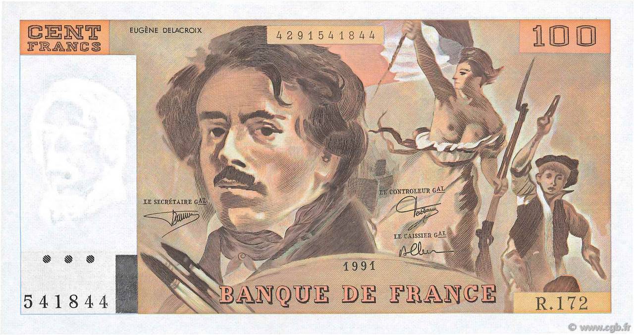 100 Francs DELACROIX imprimé en continu FRANCIA  1991 F.69bis.03a4 q.FDC