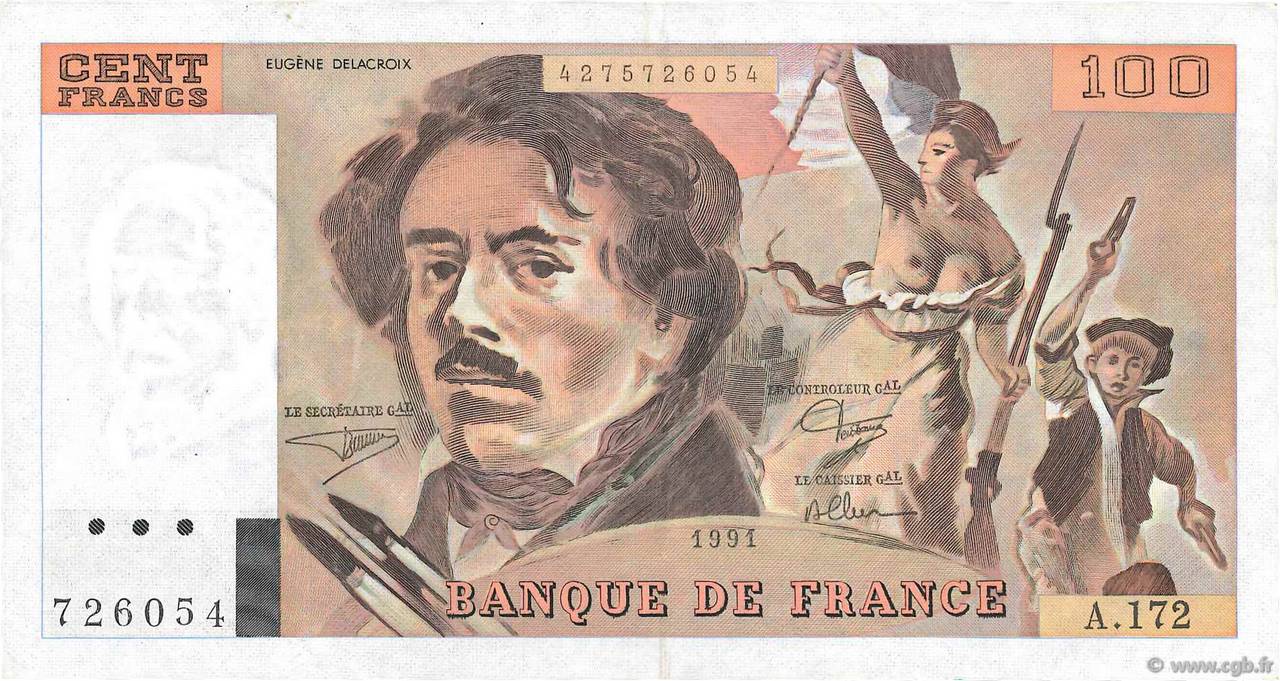 100 Francs DELACROIX imprimé en continu FRANCE  1991 F.69bis.03a4 TTB+