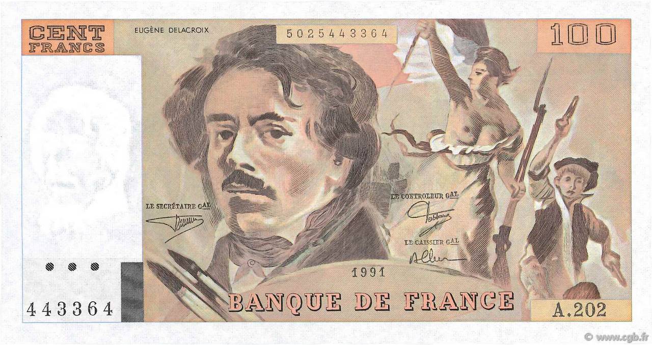 100 Francs DELACROIX imprimé en continu FRANCE  1991 F.69bis.03c1 pr.NEUF