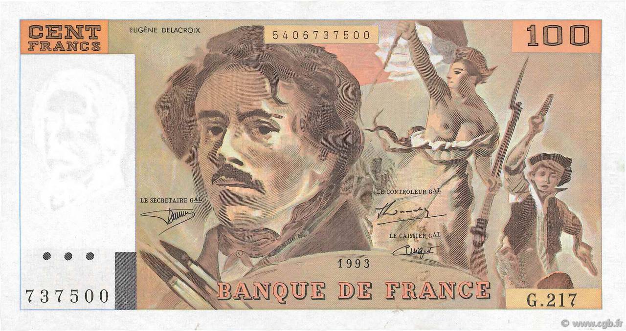 100 Francs DELACROIX imprimé en continu FRANCIA  1993 F.69bis.05 q.SPL