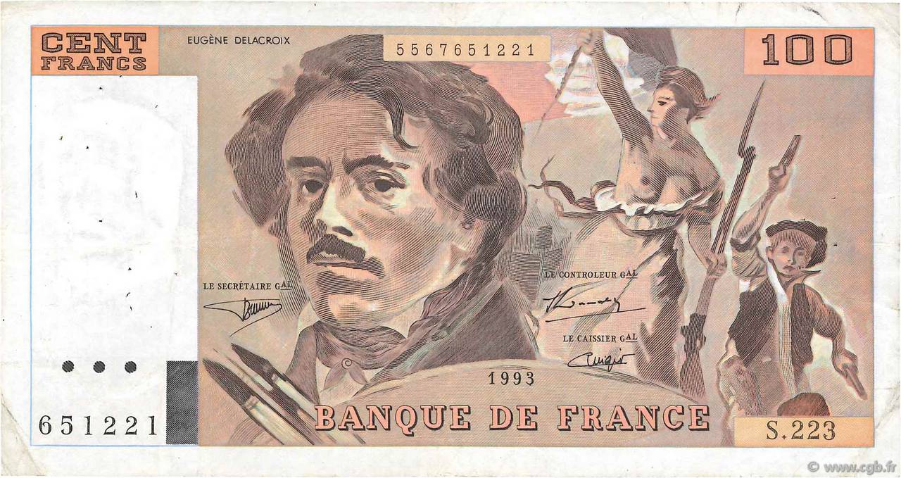 100 Francs DELACROIX imprimé en continu FRANCE  1993 F.69bis.07 F+