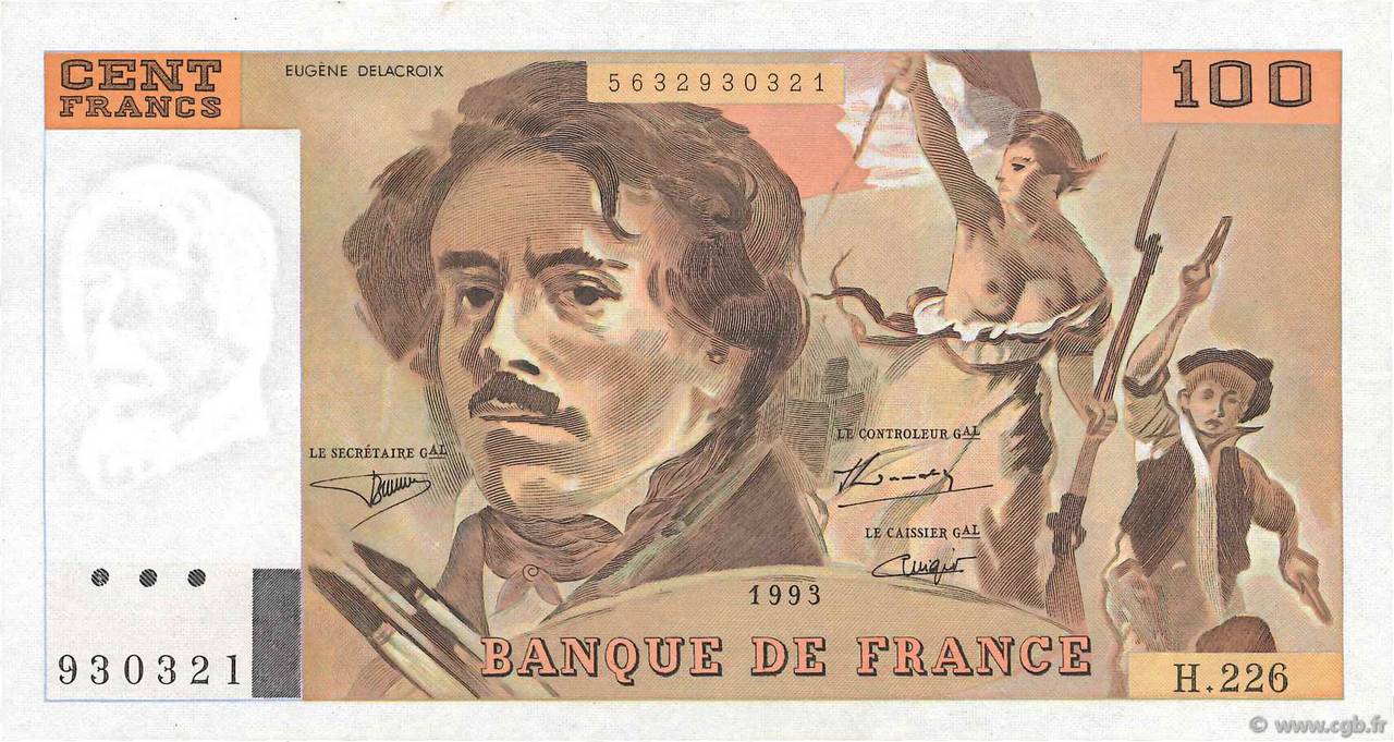 100 Francs DELACROIX imprimé en continu FRANCE  1993 F.69bis.08 XF