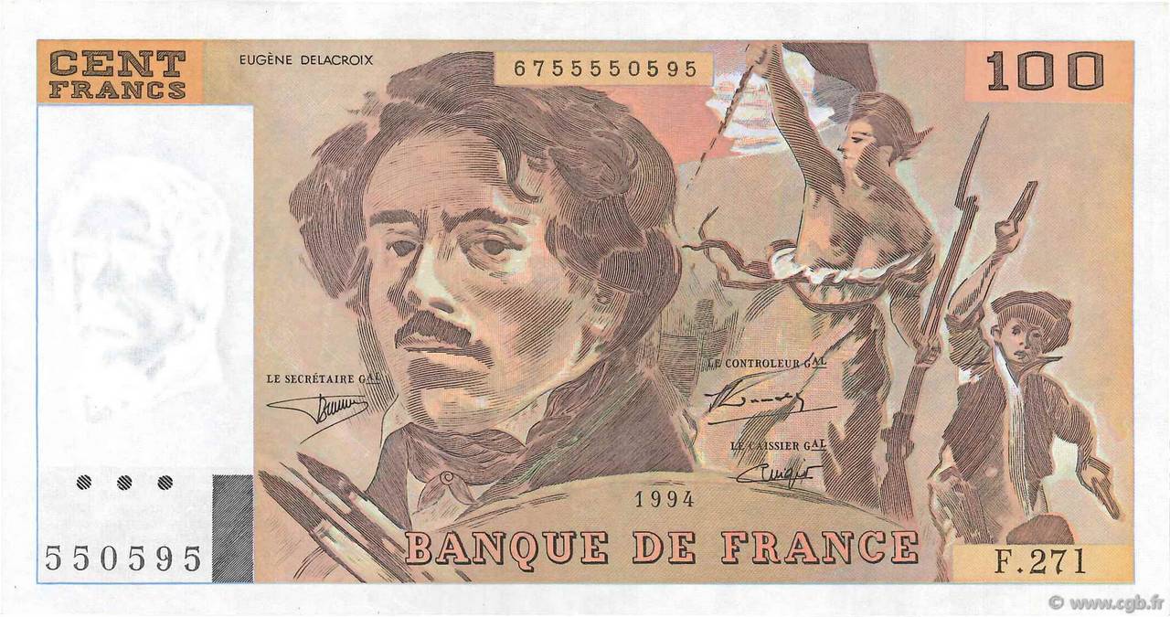 100 Francs DELACROIX 442-1 & 442-2 FRANCE  1994 F.69ter.01a VF+