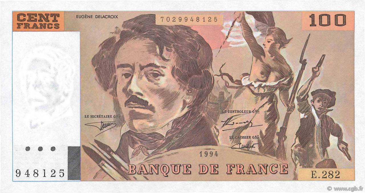 100 Francs DELACROIX 442-1 & 442-2 FRANKREICH  1994 F.69ter.01c fST