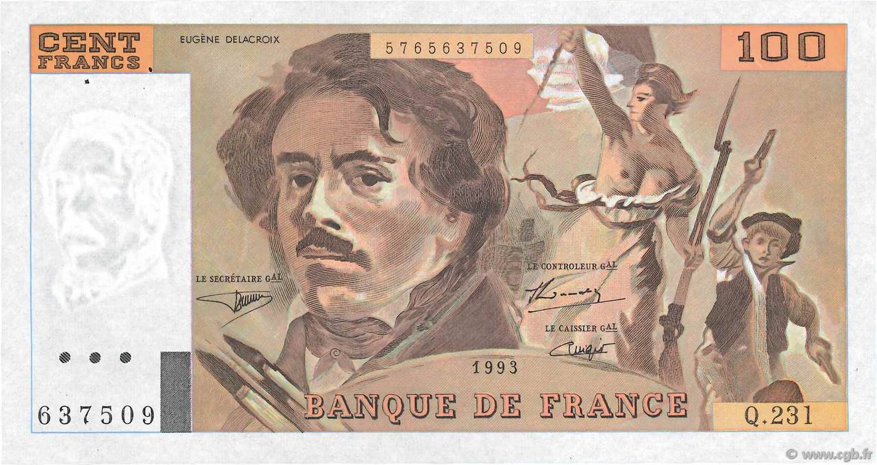 100 Francs DELACROIX  UNIFACE FRANCE  1995 F.69bisU.08 XF