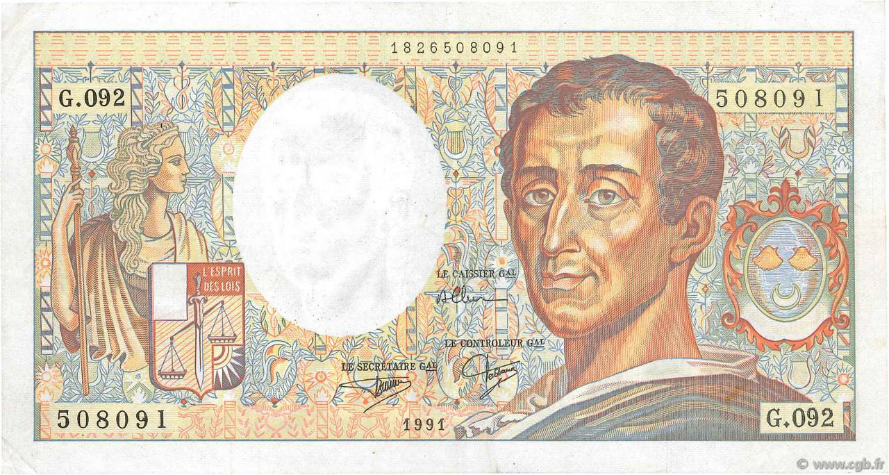 200 Francs MONTESQUIEU Fauté FRANCIA  1991 F.70.11 BB