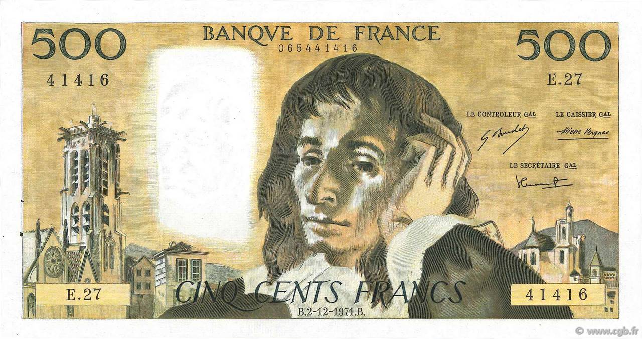 500 Francs PASCAL FRANCE  1971 F.71.07 AU-