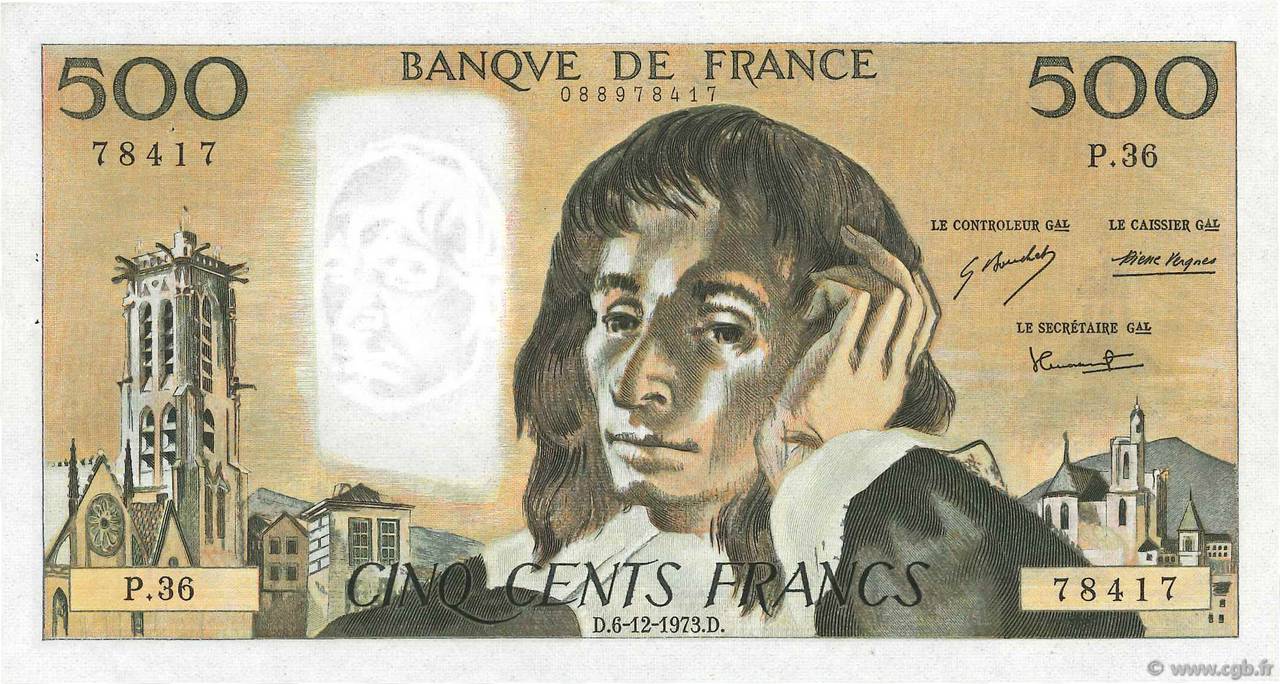 500 Francs PASCAL FRANKREICH  1973 F.71.10 VZ+