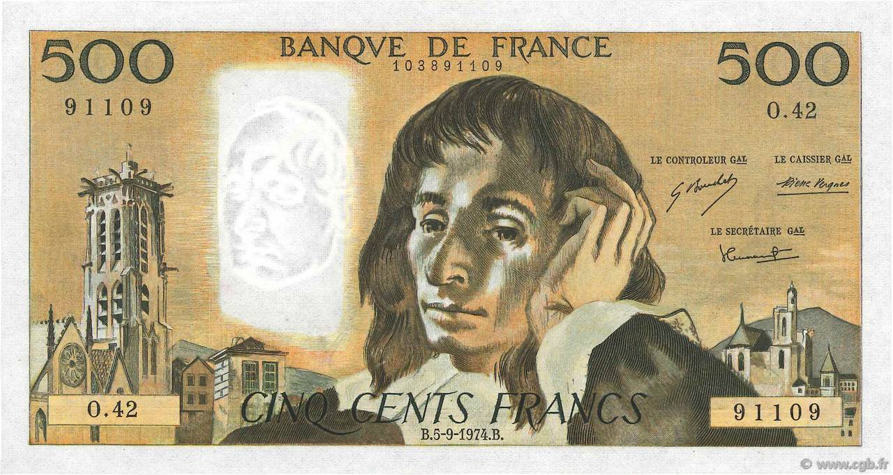 500 Francs PASCAL FRANCE  1974 F.71.11 XF+
