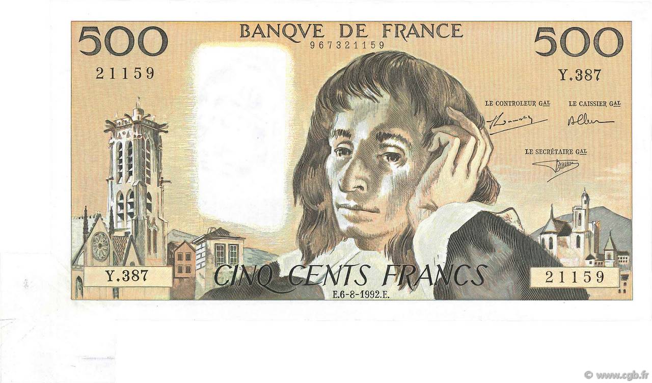 500 Francs PASCAL Fauté FRANCE  1992 F.71.50 XF-