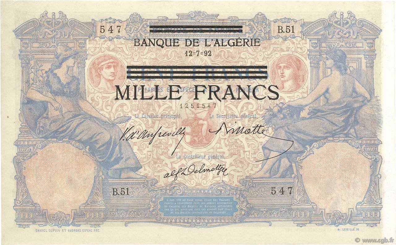 1000 Francs sur 100 Francs TUNISIE  1943 P.31 SUP+