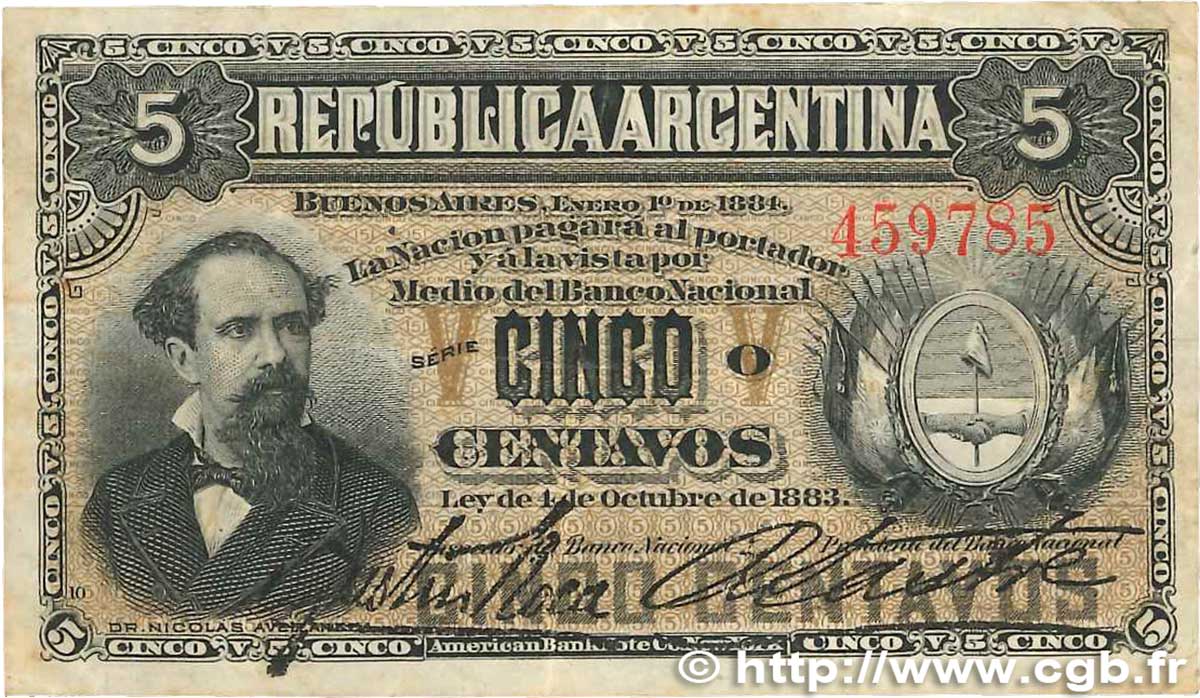 5 Centavos ARGENTINA  1884 P.005 VF