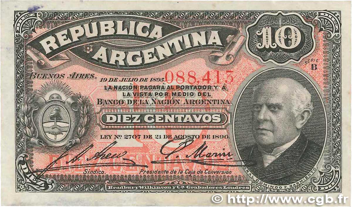 10 Centavos ARGENTINA  1895 P.228a VF+