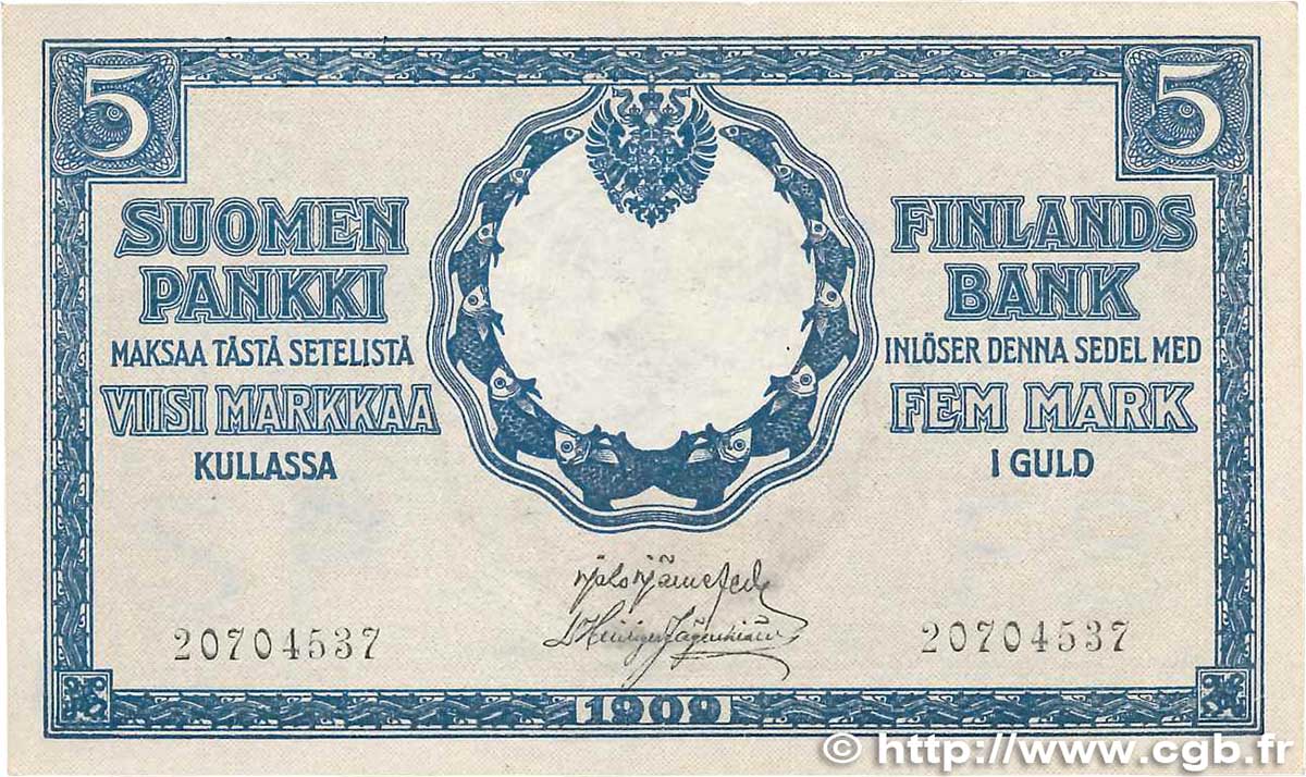 5 Markkaa FINLANDIA  1909 P.020 SC+