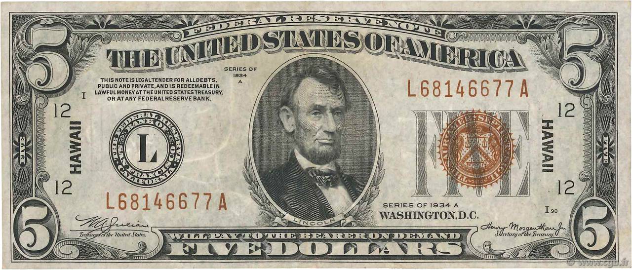 5 DollarS HAWAII  1934 P.38a MBC