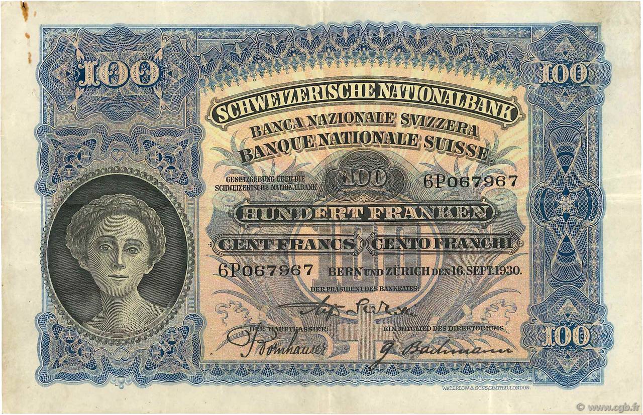 100 Francs SUISSE  1930 P.35f VF-