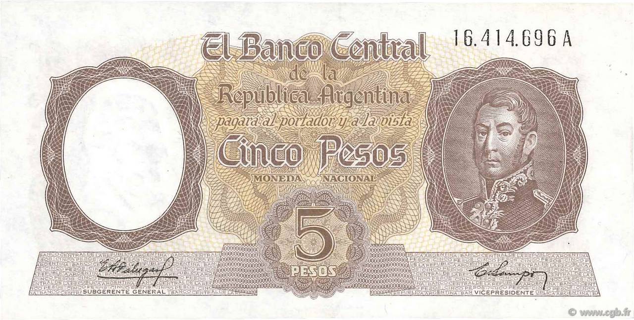 5 Pesos ARGENTINA  1960 P.275a UNC-
