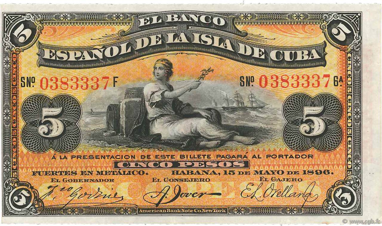 5 Pesos KUBA  1896 P.048b fST+