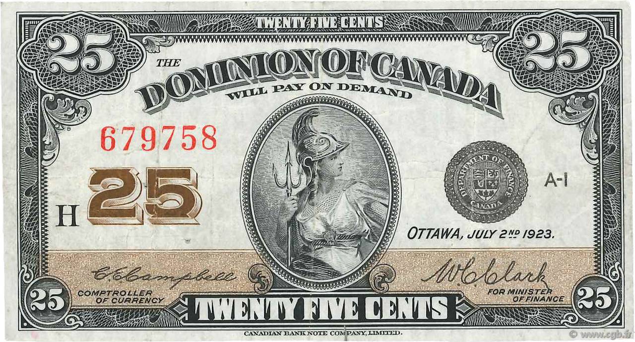 25 Cents CANADá
  1923 P.011c BC+