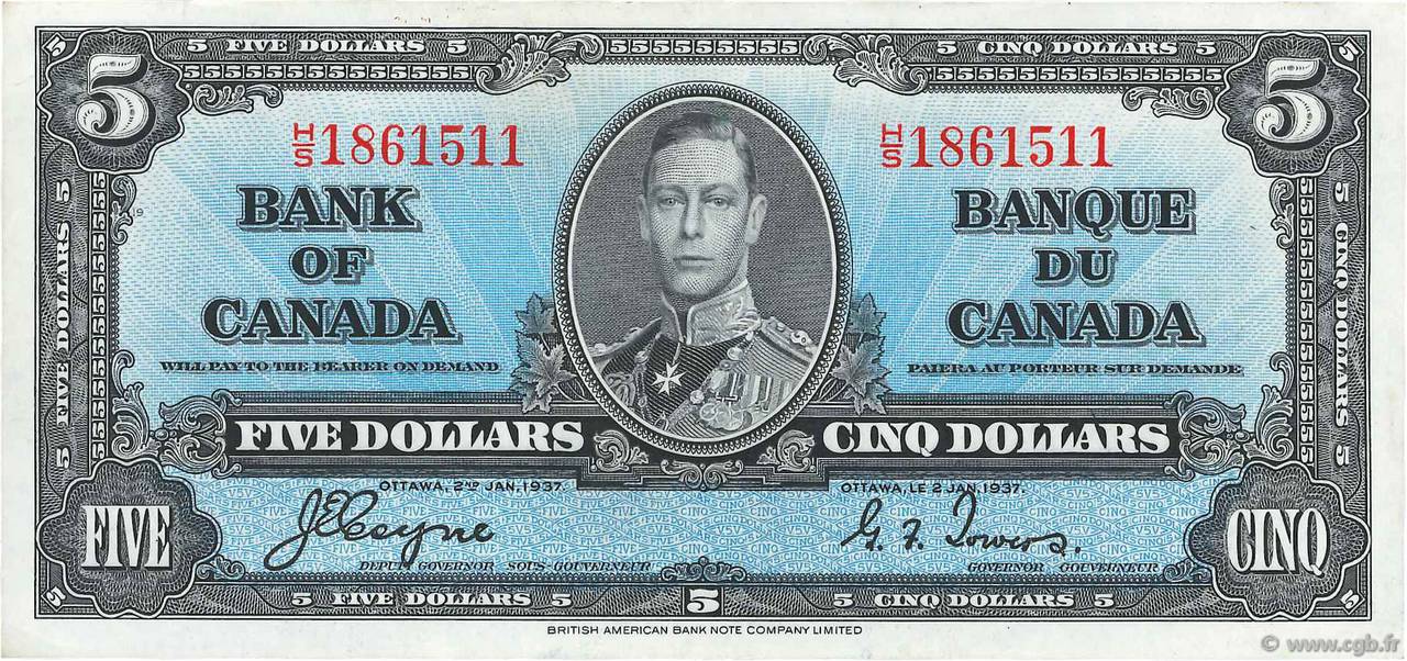 5 Dollars CANADA  1937 P.060c SPL+