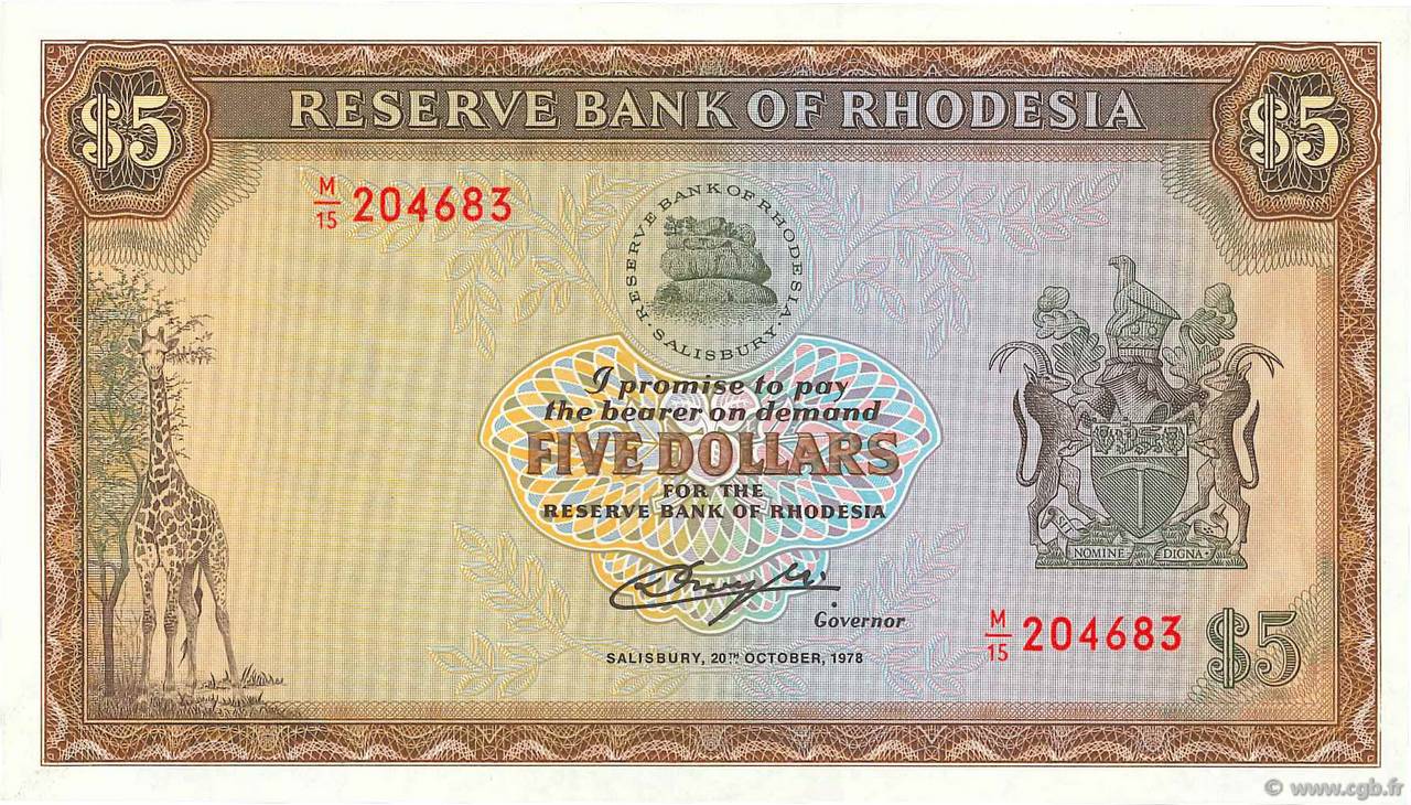 5 Dollars RODESIA  1978 P.36b FDC