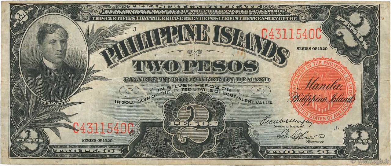 2 Pesos PHILIPPINES  1929 P.074b TB