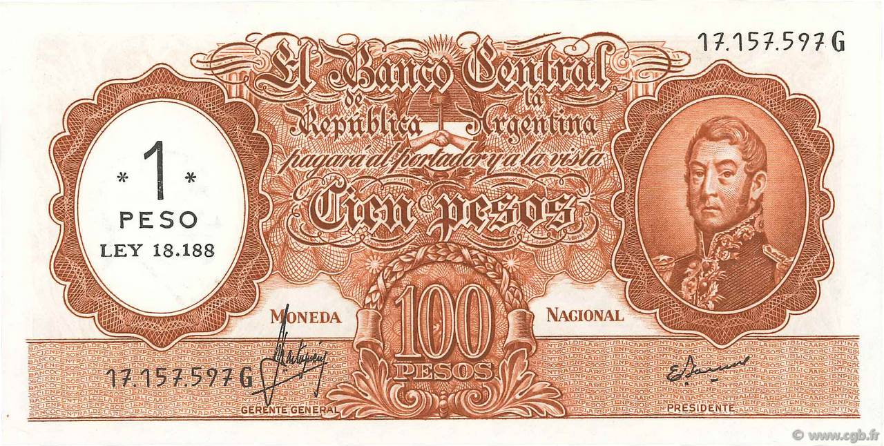 1 Peso sur 100 Pesos ARGENTINIEN  1969 P.282 fST+