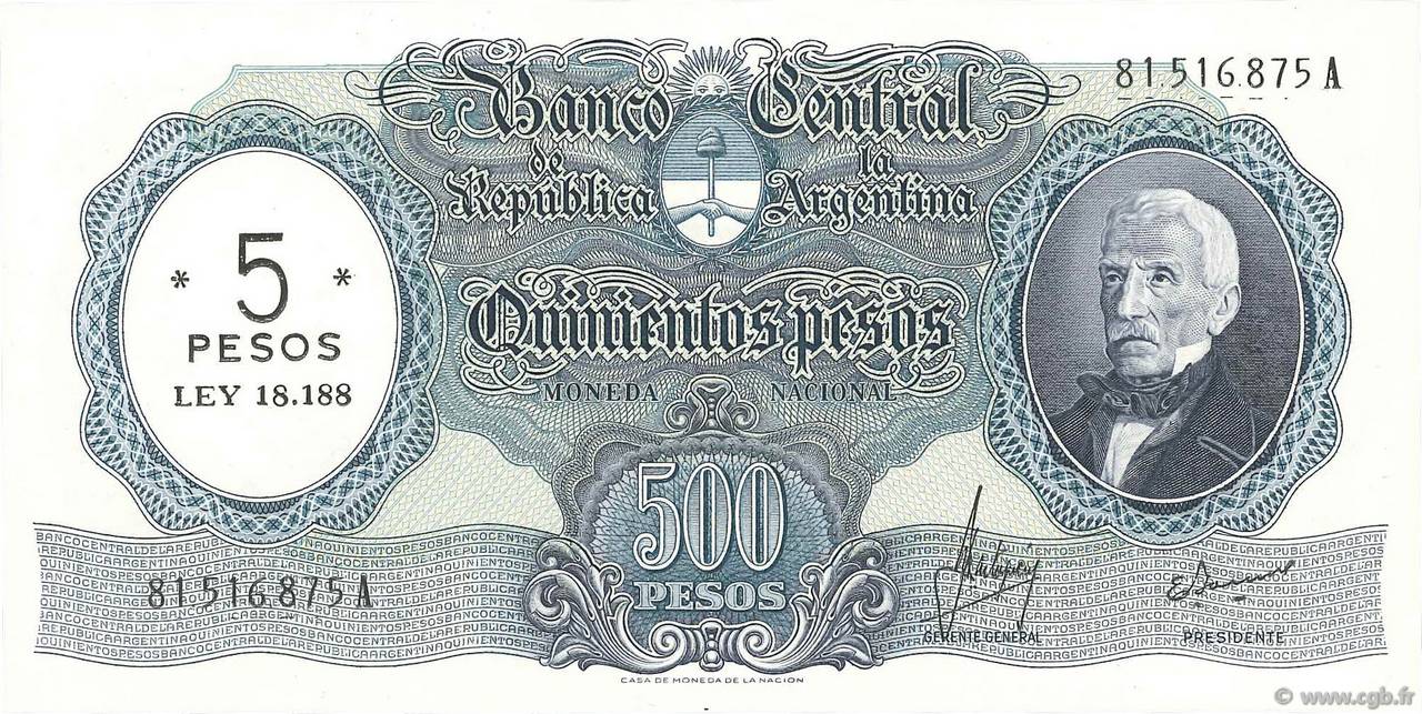 5 Pesos sur 500 Pesos ARGENTINA  1969 P.283 UNC-