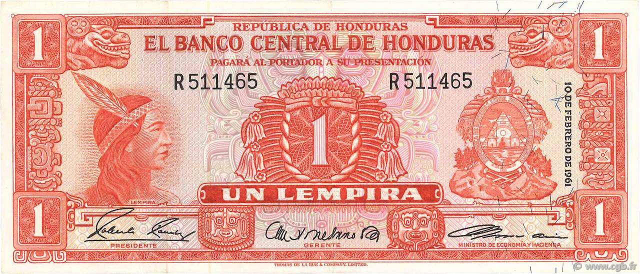 1 Lempira HONDURAS  1961 P.054Aa SPL