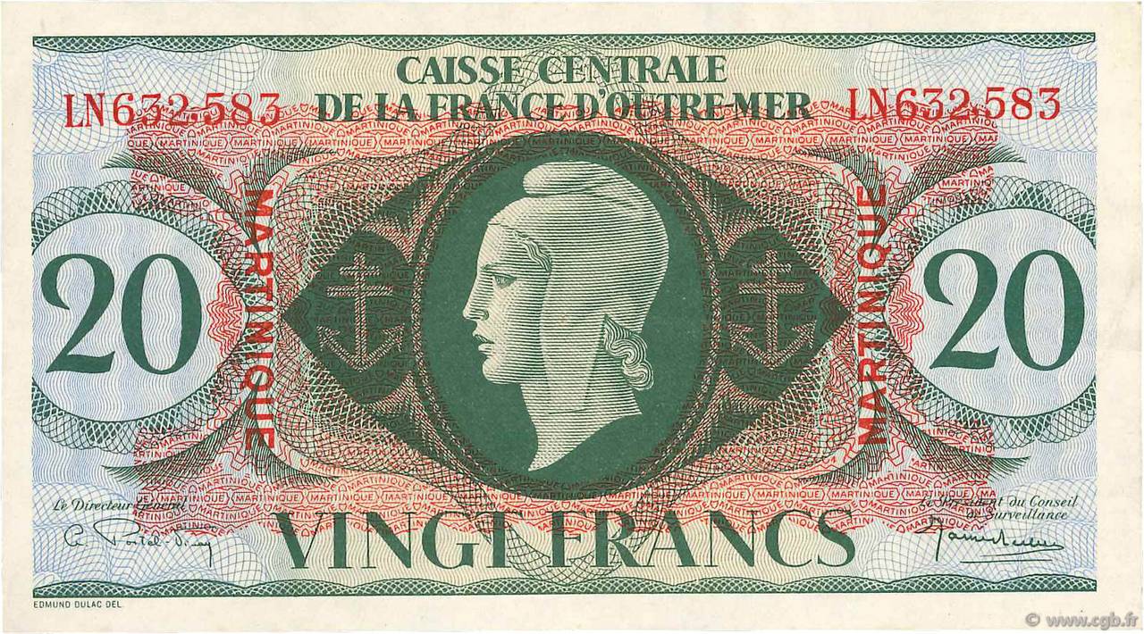 20 Francs MARTINIQUE  1944 P.24 fVZ
