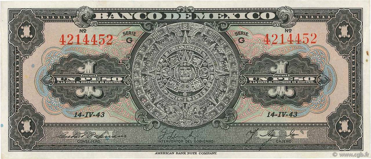 1 Peso MEXICO  1943 P.028e fVZ