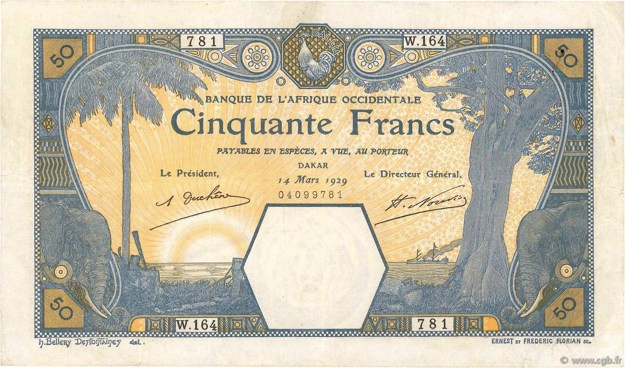 50 Francs DAKAR FRENCH WEST AFRICA Dakar 1929 P.09Bc F+