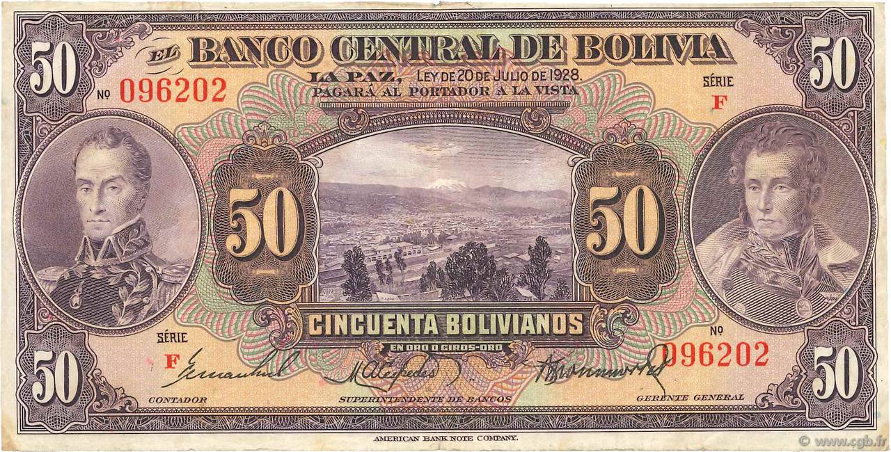 50 Bolivianos BOLIVIA  1928 P.123a MB