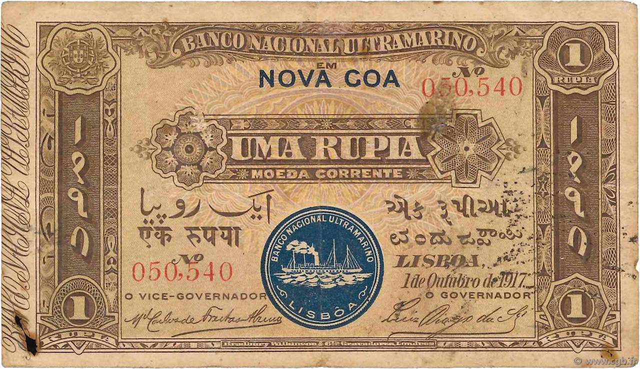 1 Rupia INDIA PORTUGUESA  1917 P.021b RC+