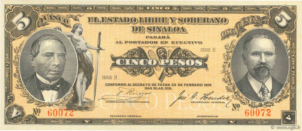 5 Pesos MEXICO San Blas 1915 PS.1044a ST