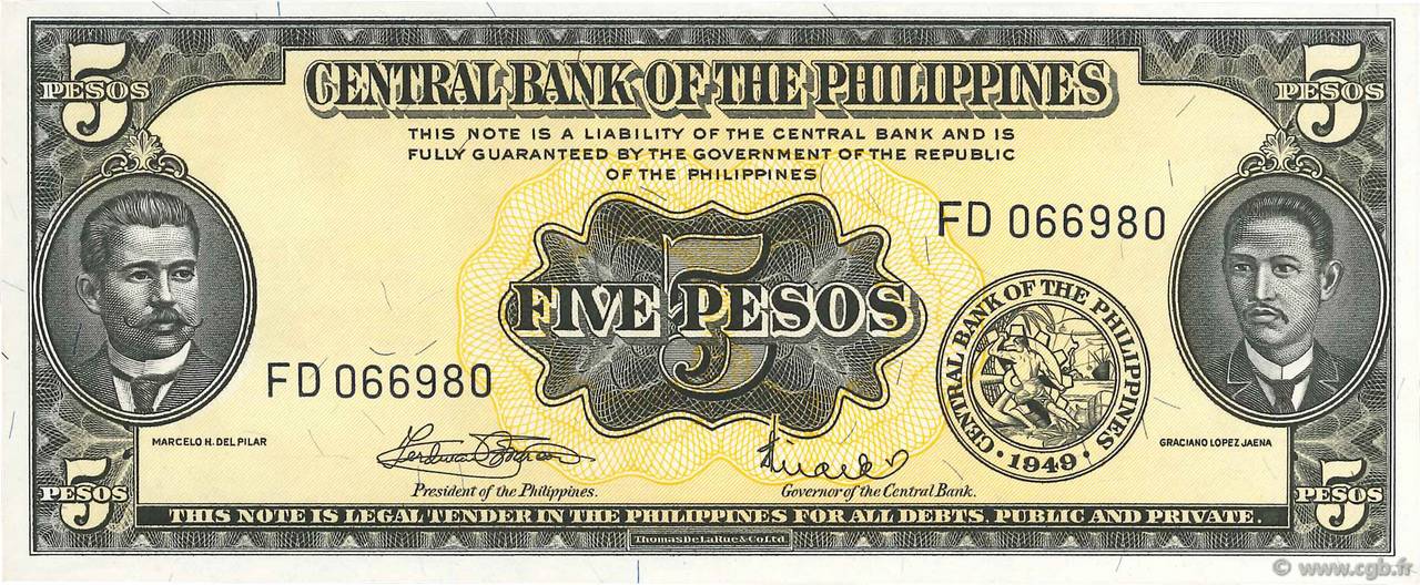 5 Pesos PHILIPPINES  1949 P.135f XF