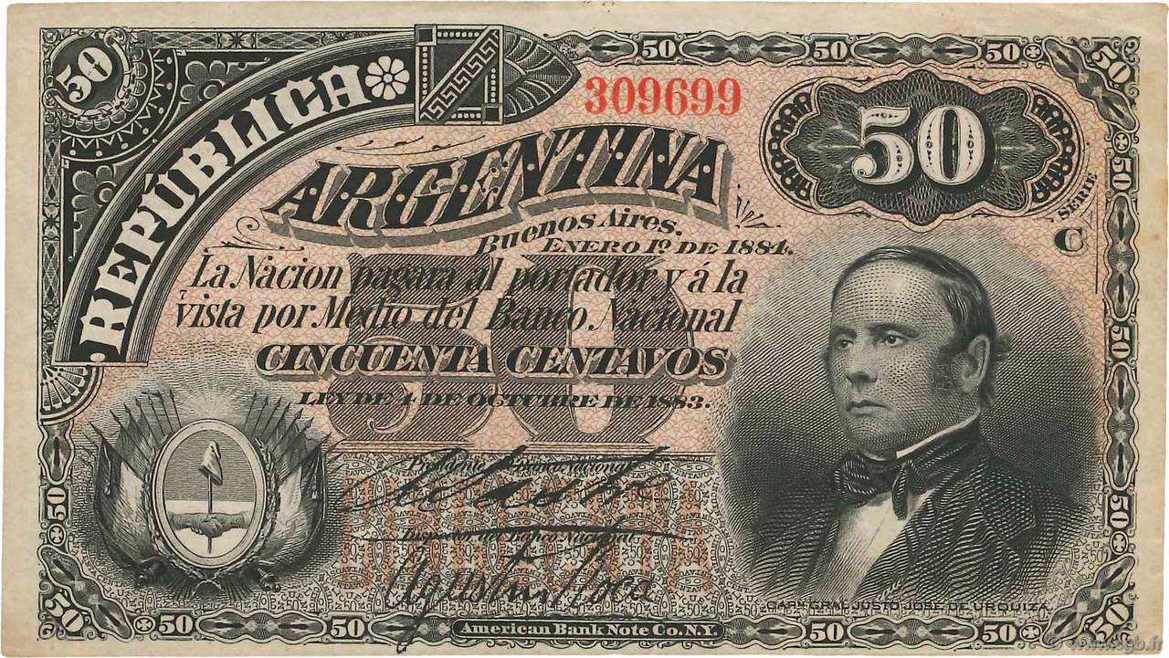 50 Centavos ARGENTINA  1884 P.008 VF