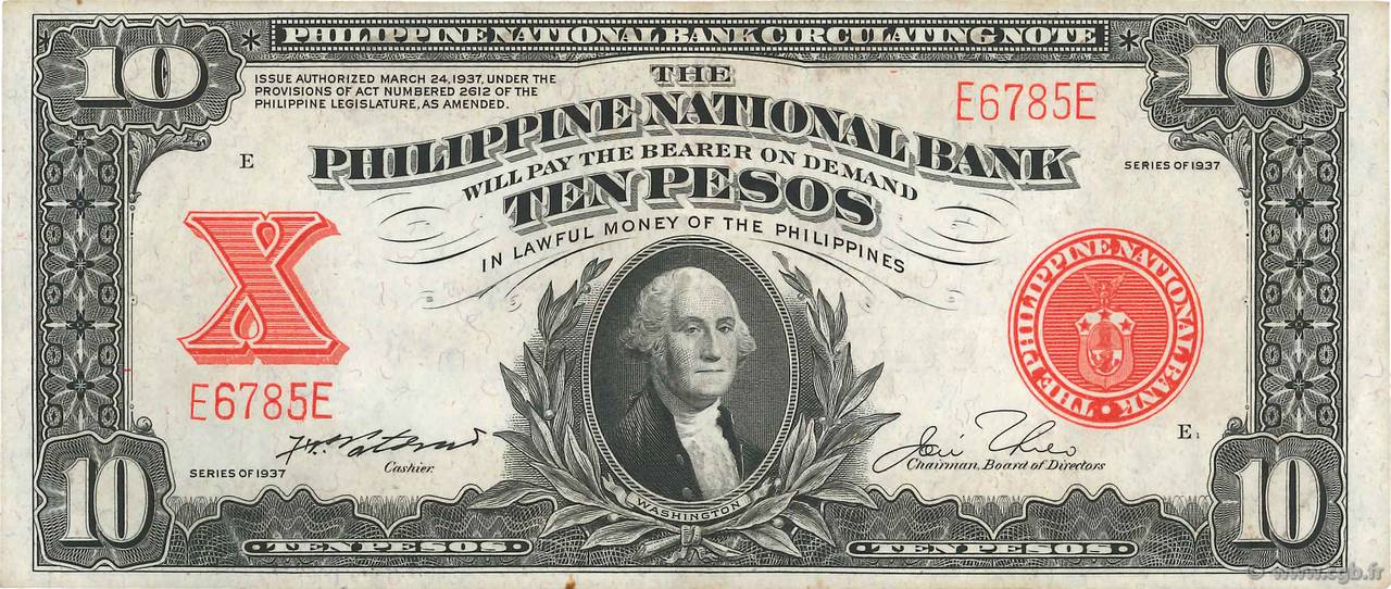 10 Pesos PHILIPPINES  1937 P.058 VF+