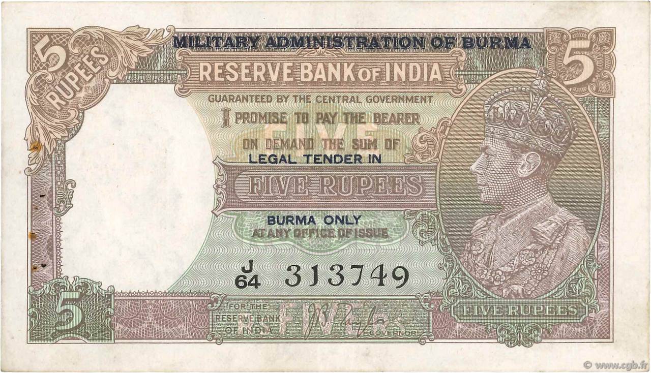 5 Rupees BURMA (SEE MYANMAR)  1945 P.26a VF
