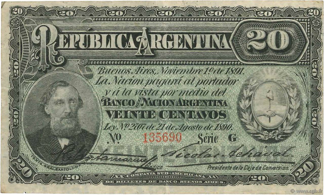 20 Centavos ARGENTINA  1891 P.211b MB