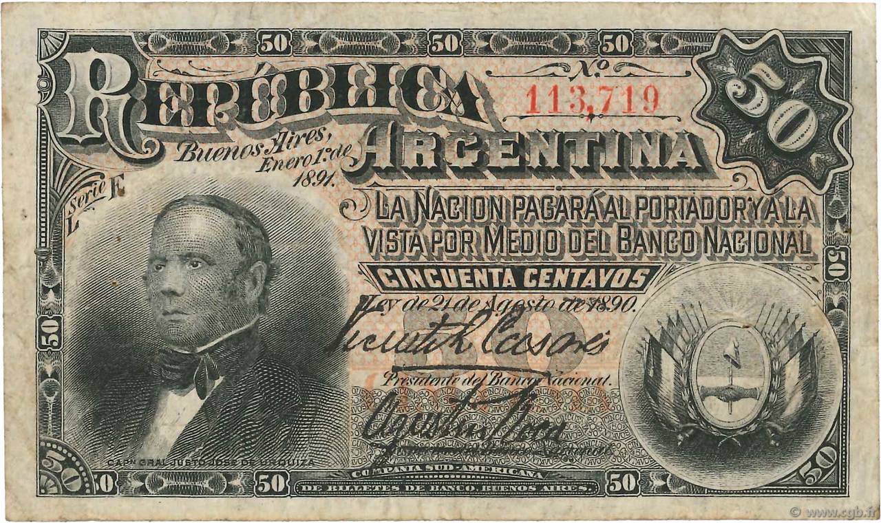 50 Centavos ARGENTINA  1891 P.212 RC+