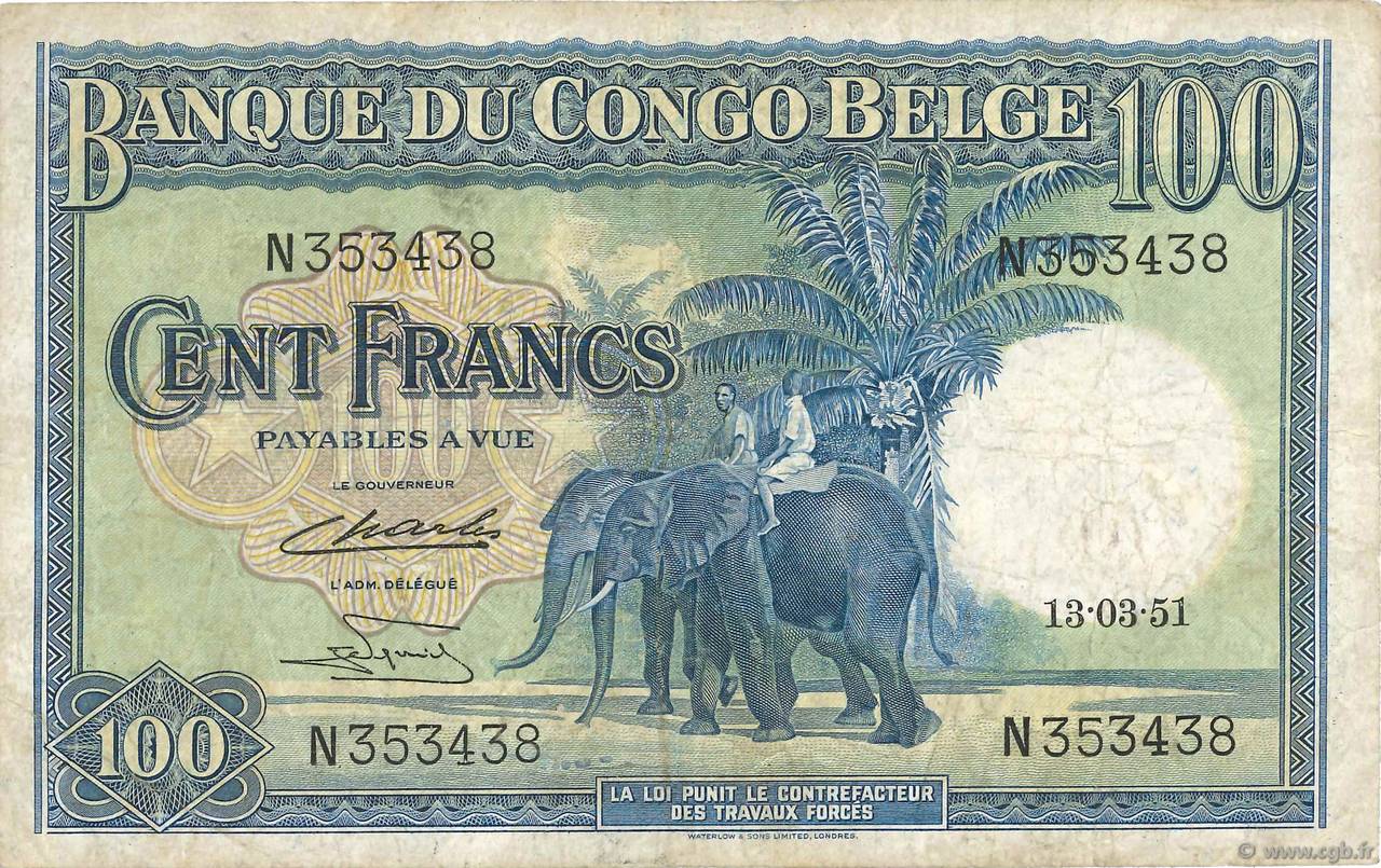 100 Francs BELGIAN CONGO  1951 P.17d F