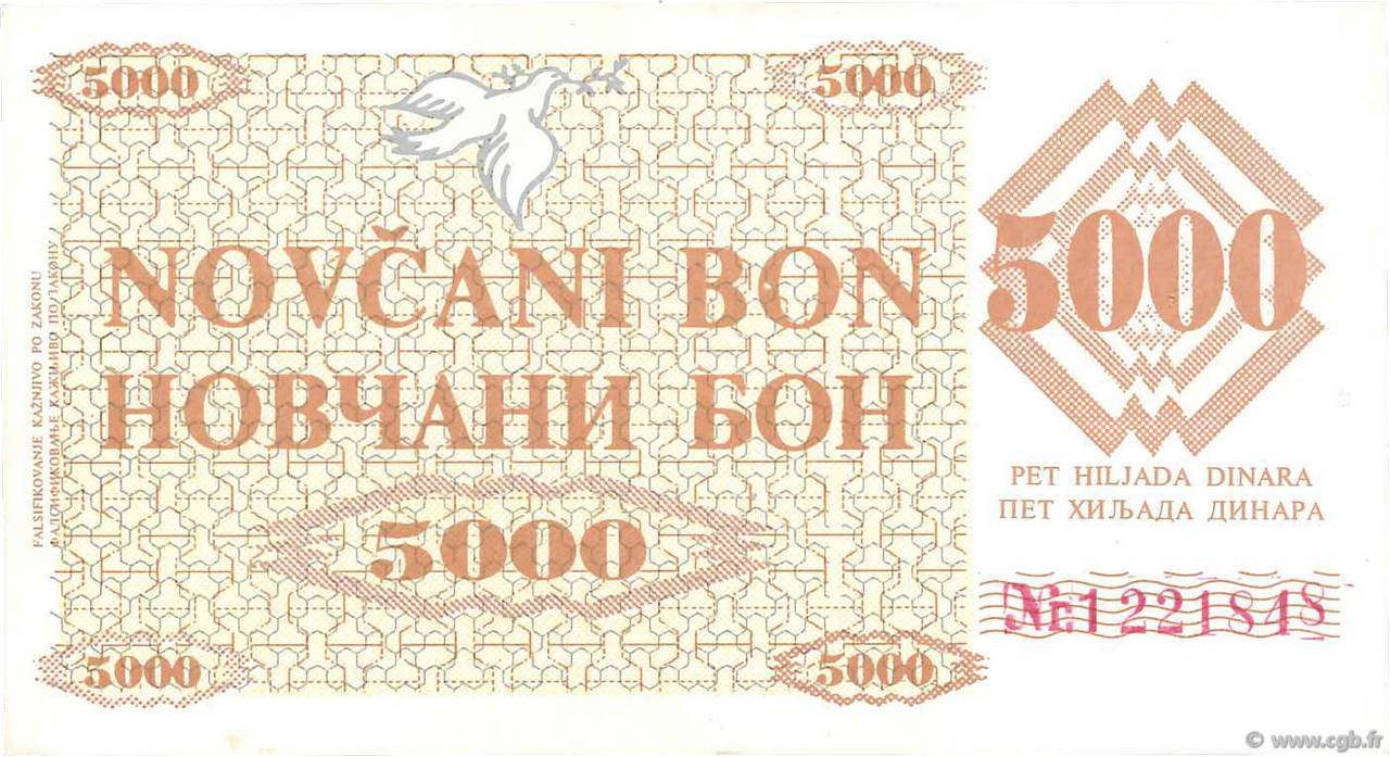 5000 Dinara BOSNIA HERZEGOVINA Zenica 1992 P.009g AU