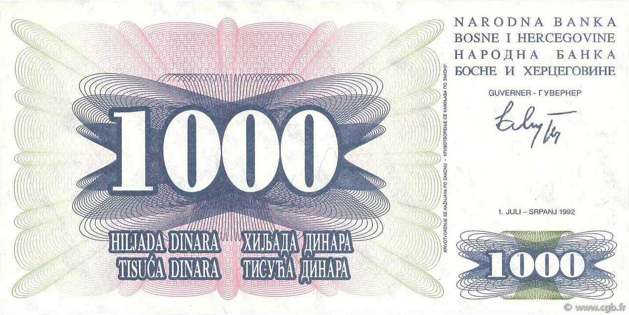 1000 Dinara BOSNIA HERZEGOVINA  1992 P.015a AU