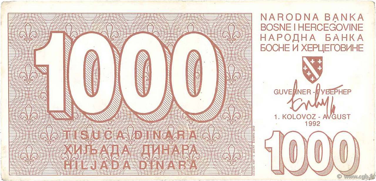 1000 Dinara BOSNIA E ERZEGOVINA  1992 P.026a BB