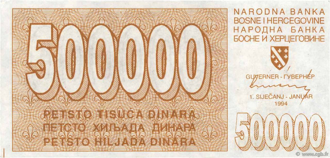 500000 Dinara BOSNIA HERZEGOVINA  1994 P.032a XF+