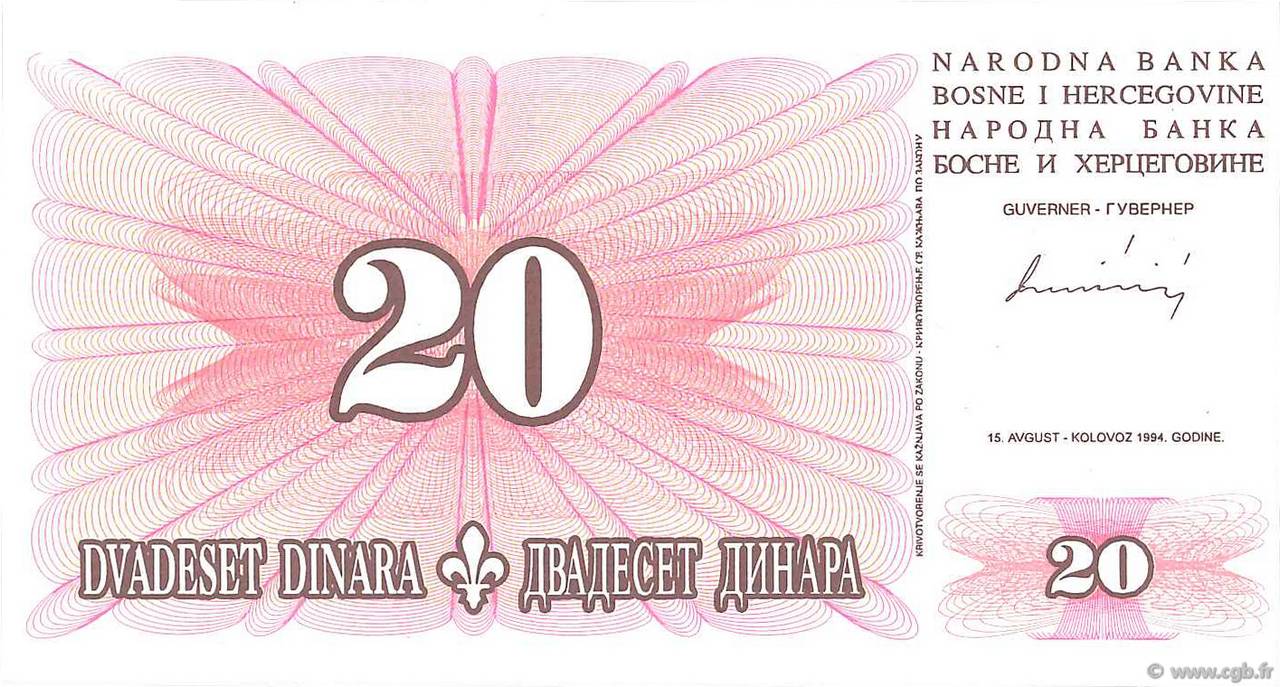 20 Dinara BOSNIA-HERZEGOVINA  1994 P.042a FDC